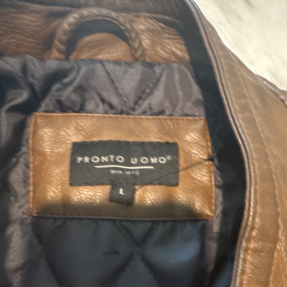 Pronto Uomo Men’s Brown Polyurethane leather Moto Jacket Full Zip Quilted Size L - Picture 4 of 8